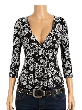 Vintage Y2K Floral‎ Babydoll Top Large Black White Fairy Grunge Wrap Boho
